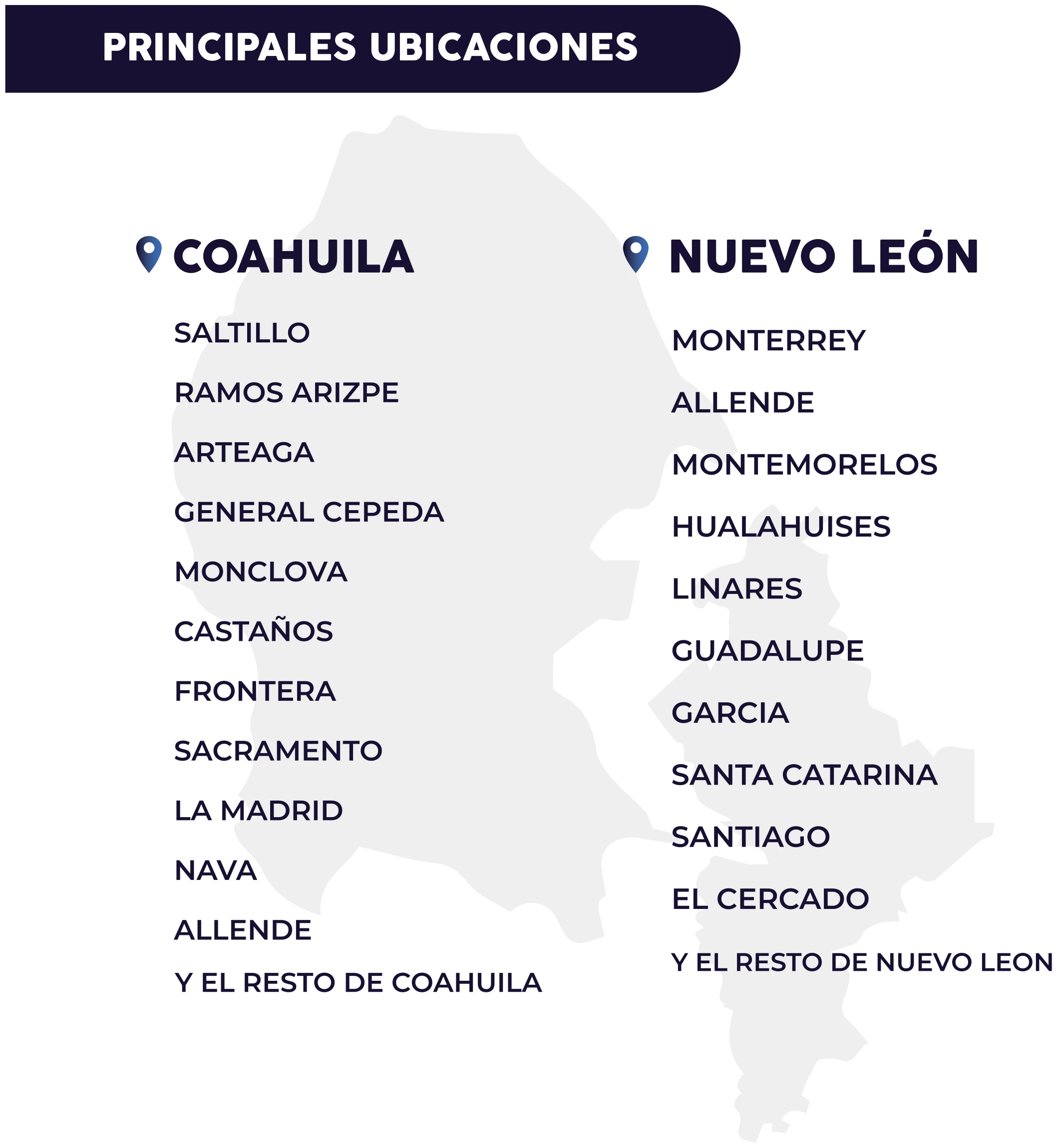 Mapa de cobertura de Ontime en los estados de Coahuila y Nuevo León